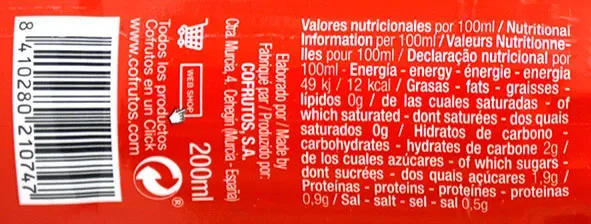 Zumo de Tomate 100 % Botellín 200ML