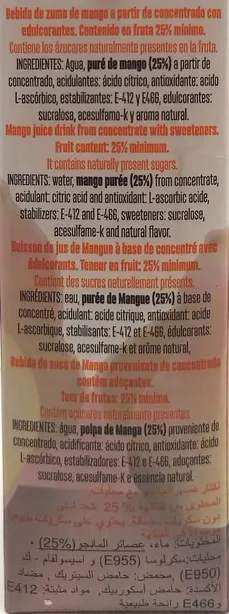 Bebida de zumo de Mango sin azúcares añadidos